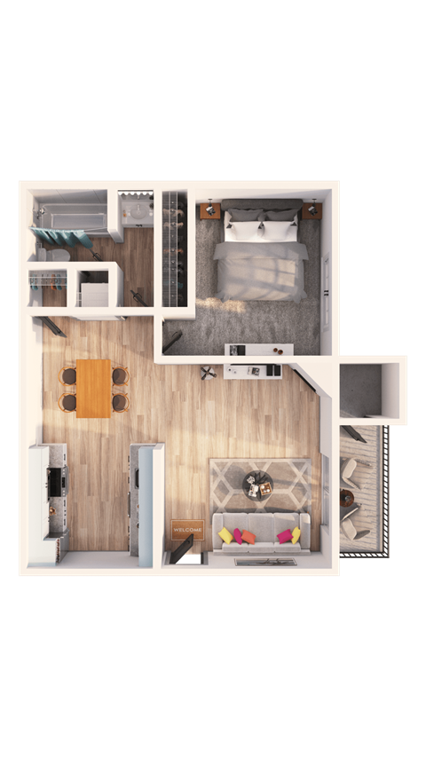 a 3D floorplan of a one bedroom floorplan