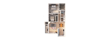 a 3D floorplan of a two bedroom floorplan