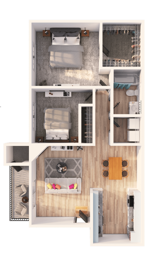 a 3D floorplan of a two bedroom floorplan