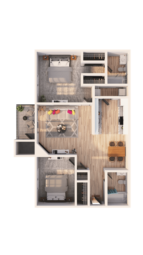 a 3D floorplan of a two bedroom floorplan