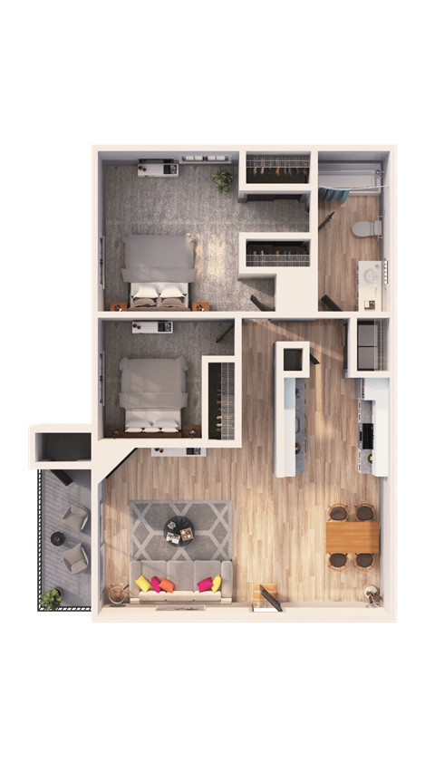 a 3D floorplan of a two bedroom floorplan
