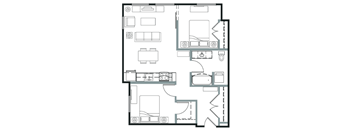 A floor plan of a house with a kitchen, living room, and two bedrooms.