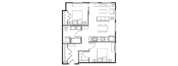 A floor plan of a house with a kitchen, living room, and two bedrooms.