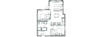A floor plan of a house with a kitchen, living room, and two bedrooms.