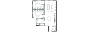 A floor plan of a house with a kitchen, living room, and two bedrooms.
