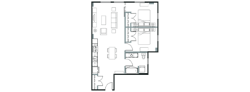 A floor plan of a house with a kitchen, living room, and bedrooms.