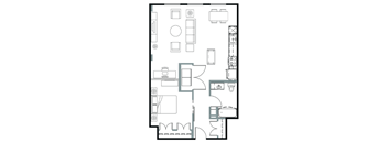 A floor plan of a house with a kitchen, living room, and bathroom.