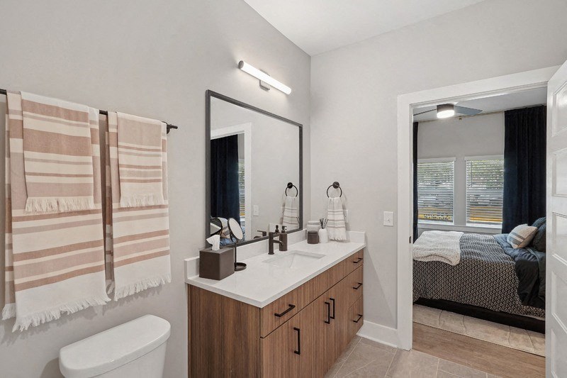 a bathroom with a mirror and a sink and a toilet