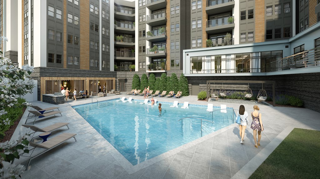 a rendering of a swimming pool in front of an apartment building