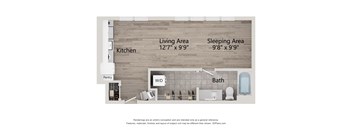 a rendering of a living area and a bathroom with descriptive text on a wood wall
