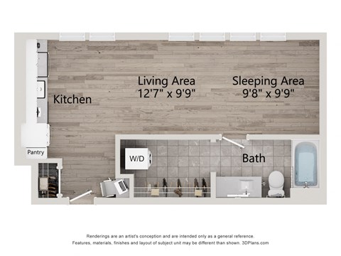 a rendering of a living area and a bathroom with descriptive text on a wood wall