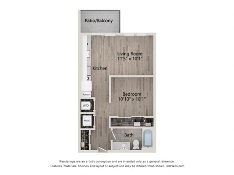 a floor plan of a studio apartment with a bedroom and a living room
