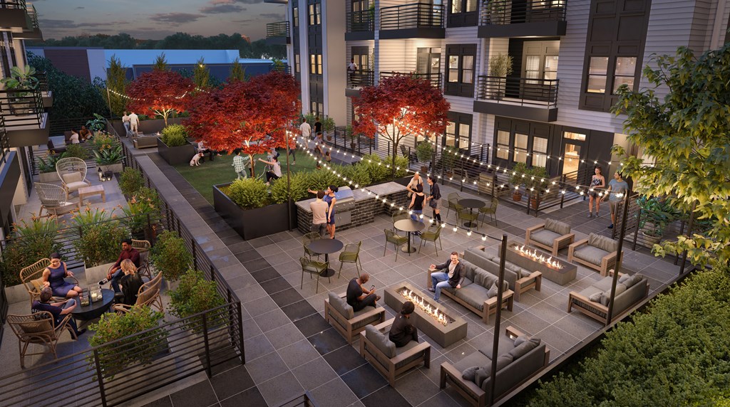 a rendering of a patio area with furniture and plants