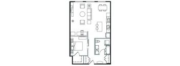 A floor plan of a house with a kitchen, living room, and two bedrooms.