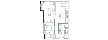 A floor plan of a house with a kitchen, living room, and two bedrooms.