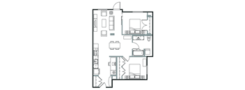 A floor plan of a house with a kitchen, living room, and two bedrooms.