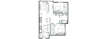 A floor plan of a house with a kitchen, living room, and two bedrooms.