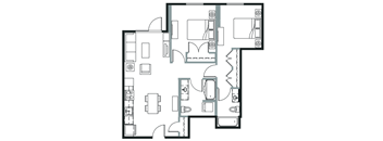 A floor plan of a house with a kitchen, living room, and two bedrooms.