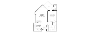 A black and white floor plan of a small house with a deck.