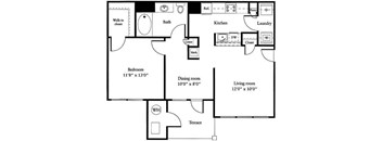 A black and white image of a floor plan for a house with a bedroom, dining room, living room, kitchen, laundry, and bath.