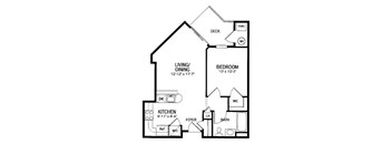 A black and white floor plan of a house with a bedroom, living area, kitchen, bathroom, and foyer.