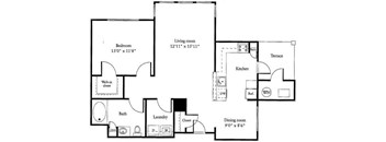 A floor plan of a house with a bedroom, living room, kitchen, dining room, bath, and laundry area.