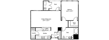 A black and white image of a house floor plan with a deck, bedroom, living/dining room, laundry, kitchen, bath, and walk-in closet.