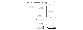 A floor plan of a house with a study, living room, bedroom, dining room, kitchen, and bathroom.