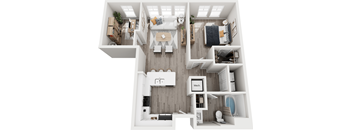 A top down view of a modern apartment layout.