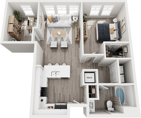 A top down view of a modern apartment layout.