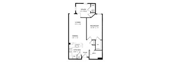 A floor plan of a small apartment with a living room, bedroom, kitchen, and bathroom.