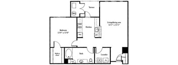 A floor plan of a house with a living and dining area, kitchen, bathroom, and laundry room.