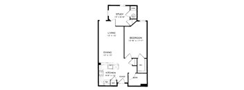 A floor plan of a house with a living room, dining room, kitchen, study, bedroom, and bathroom.