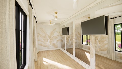 A room with a large mirror on the wall and a television mounted above it.