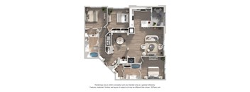 A 3D floor plan of a house with a kitchen, living room, and bathrooms.