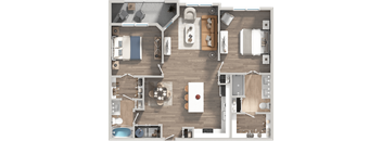 A top-down view of a well-furnished apartment with a kitchen, living room, and bedrooms.