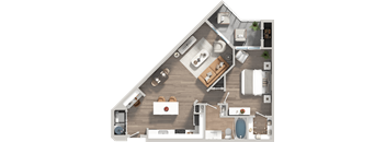 A top-down view of a modern apartment layout with a kitchen, living room, and bathroom.