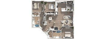 A top-down view of a modern, well-organized apartment with a kitchen, living room, and bathroom.