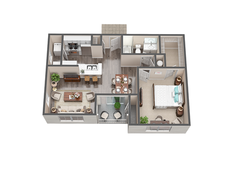 3d floor plan of a 1 bedroom apartment