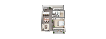 a 3d floor plan of a studio apartment with a bedroom and living room