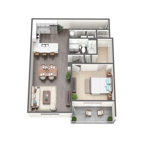 a 3d floor plan of a studio apartment with a bedroom and living room