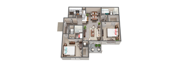 3d floor plan of a home with a bedroom and living room