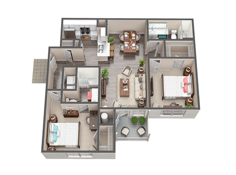 3d floor plan of a home with a bedroom and living room