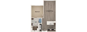A diagram of a small apartment with a bedroom, living/dining area, and kitchen.