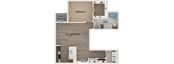 A floor plan of a house with a bedroom, bathroom, living/dining area, and patio/balcony.