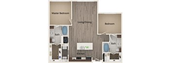 A diagram of a house layout with a master bedroom, living/dining area, kitchen, and two bathrooms.