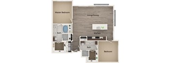 A floor plan of a house showing a master bedroom, a living/dining area, a kitchen, and two bathrooms.