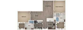 A floor plan of a house with a living room, dining room, kitchen, and three bedrooms.