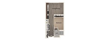 A floor plan of a small apartment with a living/dining area, bedroom, and bathroom.