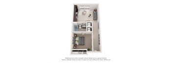 A 3D floor plan of a small apartment with a kitchen, living room, and bathroom.